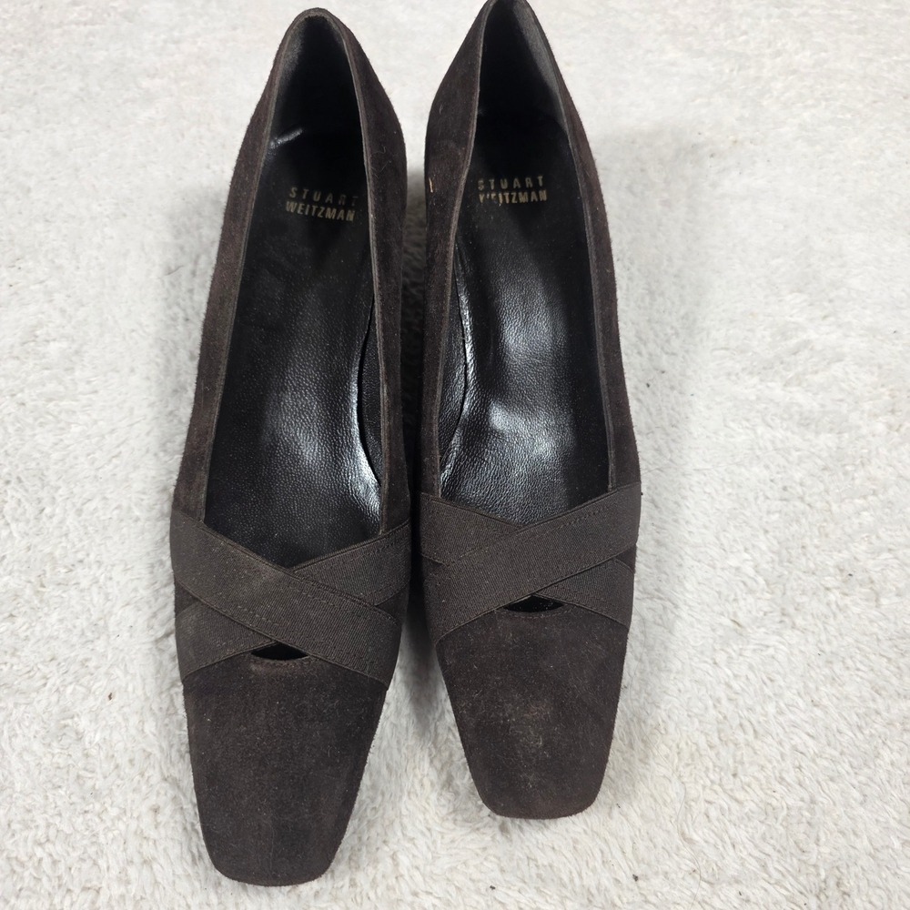 Stuart Weitzman Pumps Womens 7.5N Brown Class Suede Square Toe Kitten Heel Spain